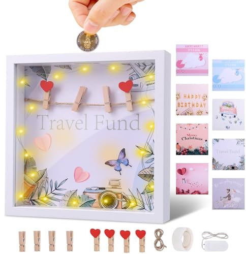 JIZZU Spardose 3D Bilderrahmen, Personalisierte Spardose Taufe, 22x 22cm Bilderrahmen zur Hochzeit, Kommunion, Jugendweihe, 3D Bilderrahmen Sparbüchse mit Licht und Plexiglas