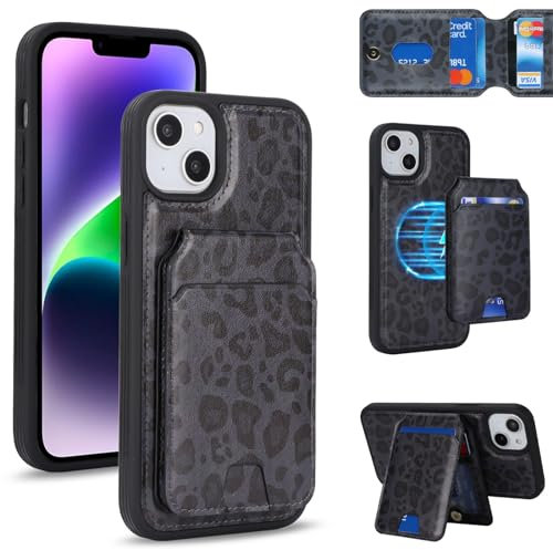 Zouzt for iPhone 13 Wallet Case Compatible with MagSafe, iPhone 14 Card Holder Case iPhone 13 / iPhone 14 Case with Card Slot Magnetic Car Kickstand Phone Cover for 6.1 - Black Leopard