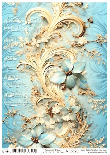 Josys Bastelmärchen Reispapier A4 Strohseide Weihnachten Vintage goldene Ornamente Noten RE5820