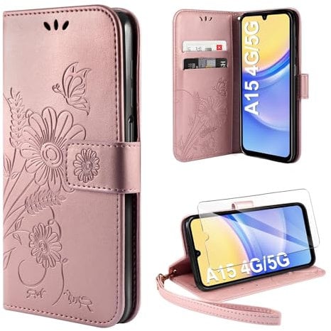 ivencase Handyhülle für Samsung Galaxy A15 4G/5G Hülle mit 1 Stück Hartglas Schutzfolie, Flip Lederhülle Tasche Case Magnet Kartenfach Schutzhülle für Samsung Galaxy A15 (Roségold)