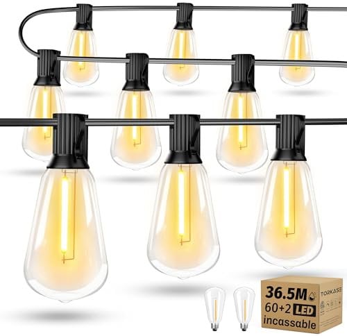 Torkase Outdoor String Lights Mains Powered,120FT/36M Garden Festoon Lights with 60+2 Shatterproof ST38 Plastic LED Edison Bulbs Waterproof for Outside Patio Pergola Gazebo Décor Wedding Cafe
