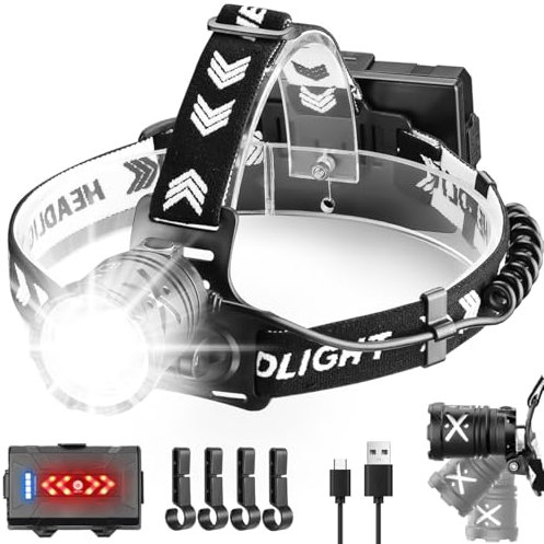 LeKaufen Stirnlampe mit Rücklicht 30W, Kopflampe Stirnlampe Aufladbar 4 Modi, Naturvibes Stirnleuchte 15000 Lumen Adventure Light Kopfleuchte Einstellbarer Fokus Kopfleuchte mit Akku Rotlicht