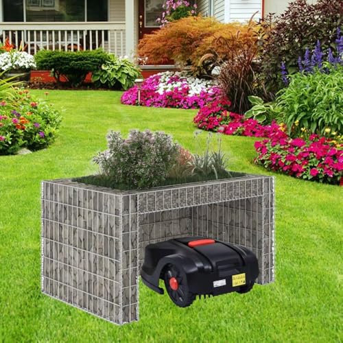 Grand Gabion Robot Tondeuse à Gazon, Garage Tondeuse Robot Gabion avec Lit Surélevé Abri Stockage Jardinière Parterre de Fleurs Plantes Jardin Extérieur, 110 x 80 x 60 cm