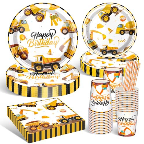 DANXIAN Baustelle Geburtstag Deko, Bagger Partygeschirr Set, Bagger Pappteller Kindergeburtstag, Happy Birthday Deko Partyzubehör Pappteller für Geburtstagsdeko Junge Mädchen Partys 20 Gäste