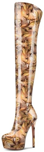 NobleOnly Donna Alto High Spillo Tacco Heel Rotonda Punta Piattaforma Sopra il Ginocchio Stivali Cerniera Ballo Feste Stivali 15 CM Heels Giallo vortice 39 EU