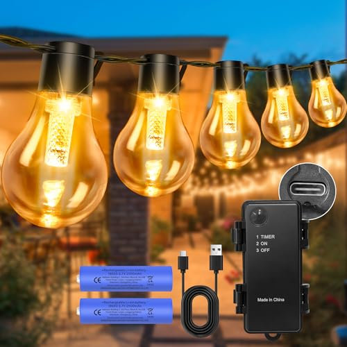 aurogeek Outdoor String Lights Battery Operated Rechargeable 5000mAh: 9m/30ft LED with 12 A60 Plastic Bulb Hanging Festoon Light Remote Waterproof USB for Garden Decorative Cafe Patio Pergola Indoor