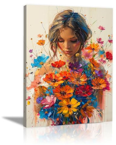 WQBQKKX Rouge,jaune Aquarell Leinwand Bilder Xxl, Blume Frau Bild Modern Wandbilder Wohnzimmer Schlafzimmer Wanddekoration-70x100cm Gerahmt