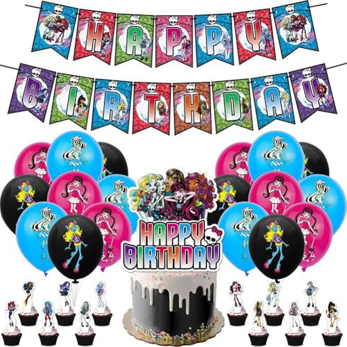 Monster High Party Supplies - Happy Birthday Banner, Cake & Cupcake Toppers, Balloons for Monster Fans