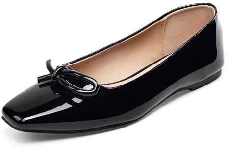 GENSHUO Women’s Square Toe Flats Metal Bow Slip On Ballet Flats Comfort Low Heel Shoes Classic and Chic Patent Black Size 8