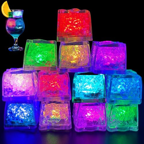 Joycabin 12 Stück Leuchtende Eiswürfel, LED Eiswürfel Lichter Austauschbarer Akku, Leuchte Eiswürfel, Baby Badespielzeug für Getränke, Eisspielzeug für Festival Hochzeit Party Bar Dekoration