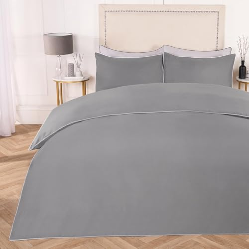 OHS King Size Duvet Cover Set Piped Edge, Soft Comfy & Durable White Piped Edge Design Microfibre Luxury Solid Color King Bedding Set & 2 Pillowcase, Grey/White