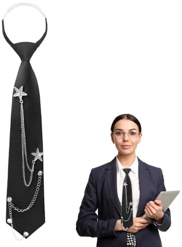 FDJZXW Schwarze Krawatten für Damen, JK-Uniform-Krawatte, Verstellbare Krawatte, mit Kette Im Punk-Stil, Lange Krawatten Modisch und Vielseitig, für Mädchen, Abschlussfeier, Business, Hochzeit