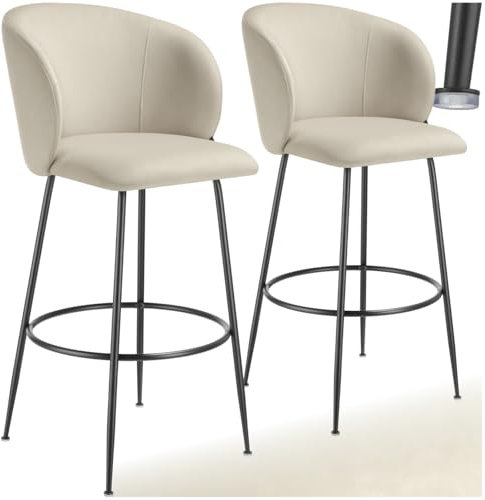 tectake® Samt Hocker hoch, Barhocker mit Lehne, Küchenhocker, Barstuhl, Barmöbel, Barstühle Set oder Bistrostuhl, Tresenhocker, Esszimmerstühle, Sitzhocker für Kücheninsel - Creme/schwarz, 2er Set
