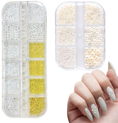 Nail Gems 2 Boxes Gold Nail Charms Pearls for Nails Multiple Size Options Suitable for Professionals and Beginners DIY and Professional Art Face Makeup and Crafts (Gold Silver White)