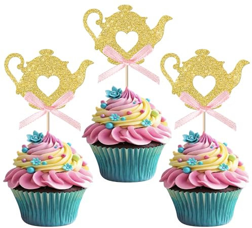 SYKYCTCY 24 Pack Teapot Cupcake Toppers Tea Party Cake Decorations Teapot Dessert Cupcake Picks for Afternoon Tea Theme Baby Shower Kids Birthday Party Cake Food Decorations Supplies