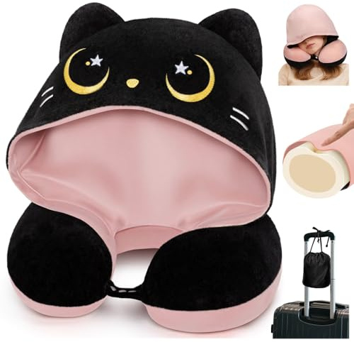 Mewaii Reisekissen mit Kapuze, wendbares Nackenkissen, Flugzeug für Kinder und Erwachsene, niedliches Katzen-Design, Privatsphäre, weiches und gemütliches Memory-Schaum, Reise-Nackenkissen für Langen