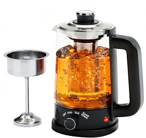 600W 1L Simmer Electric Kettle with Dual Filters, Glass & Stainless Steel Tea Maker for Kitchen, Office and Travel