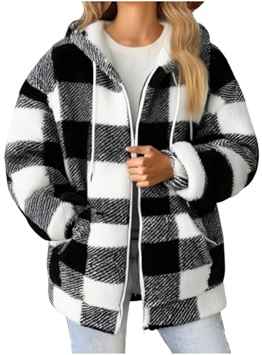 KHIRVWL Manteau Femme En Polaire à Carreaux Avec Zip Automne Hiver Hoodie Avec Poches Grande Taille Epaissé Veste Couleur Unie Sport à Capuche Blouson Confortable Ample Streetwear