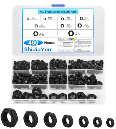 460 Stk Sechskantmuttern, Selbstsichernde Muttern Set, Sicherungsmuttern, Sechskant Muttern für Schrauben Gewindestangen Unterlegscheiben, M2 M2.5 M3 M4 M5 M6 M8 M10 M12 Mutter Set(Schwarz)