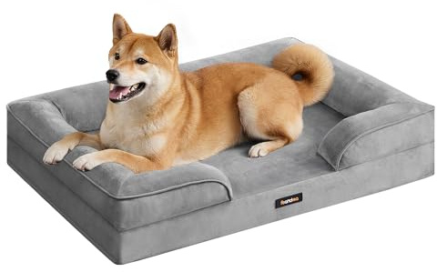 Feandrea Panier pour Chien Orthopédique, Lit pour Chien L, Bord Surélevé, Mousse Alvéolée, Housse Amovible, Lavable, Antidérapant, Doublure Hydrofuge, Gris Tourterelle, 89 x 63 x 16 cm PGW322GD01