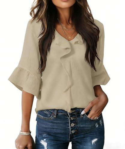 GRMLRP Camicetta Donna Elegante con Volant Blusa Scollo a V Maniche 3/4 Ampie Top Leggero e Traspirante Stile Casual Chic per Estate e Primavera