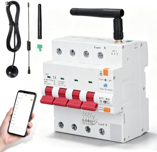Smart Circuit Breaker Wifi Sicherungsautomat 4P 63A Tuya Schutzschalter | AC400V App Wlan Schalter mit MCB Zeitschaltuhr, FI Schutzschalter Hutschiene Mit Kurzschluss, Über, Unterspannungsschutz