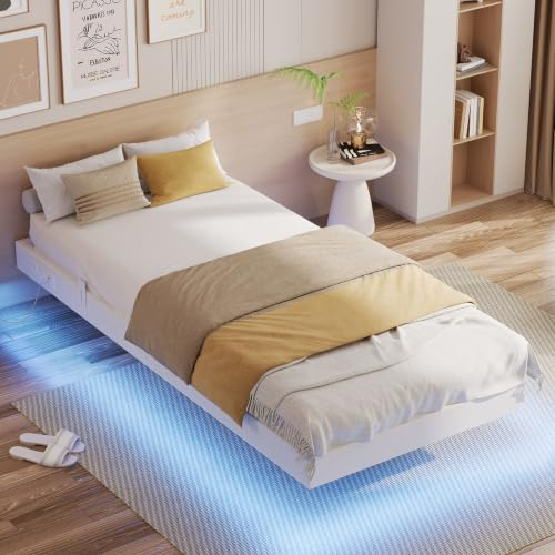 IRONCK Bettgestell 90x200 cm, Schwebender Bett mit LED Beleuchtung, Gepolsterte Seitenwände, 2 AC-Steckdosen, 1 USB-A-Anschluss, 1 USB-C-Anschluss, Metallbett mit Lattenrost Einzelbett, Weiß