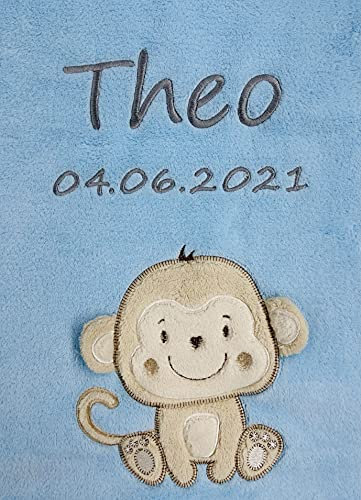 KIDDI-MEDIA Babydecke mit Name und Geburtsdatum Bestickt/kuschelig weich / 1A Qualität (Hellblau - Äffchen)