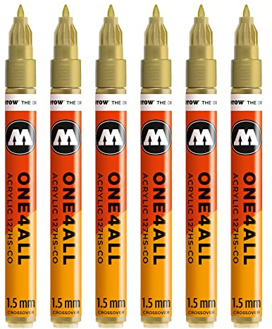 Molotow One4All 127HS-CO Acryl Marker 6 Stück, Farbe 228 metallic gold | 1,5 mm Strichstärke, hochdeckend und permanent, schnell trocknend, UV-beständig, nachfüllbar, für fast alle Untergründe