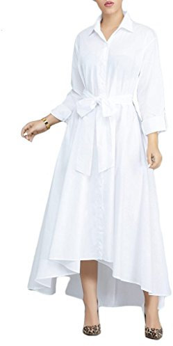 VERWIN Women Long Sleeve Loose Elegant Maxi Dress Button Down Up Shirt Long Dress with Pockets and Belts White M