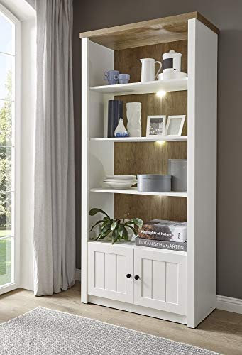 Regal Tesorino I Holznachbildung Pinie Weiss Applikationen Eiche hell 90x198x43cm Standregal Bücherregal Standregal Wohnzimmerregal Wohnen robust Beleuchtung mit Beleuchtung