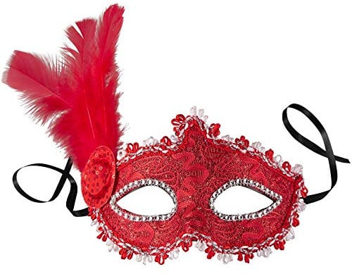 dressforfun 900888 Venezianische Maske mit seitlicher Feder für Damen, Augenmaske mit Stoffmuster, Zierborte und Strass für Ball Fasching Karneval Halloween - diverse Farben - (rot | Nr. 303550)