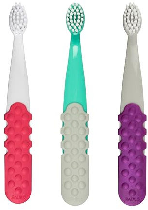 RADIUS Kids Toothbrush Totz Plus Brush, Silky Soft - 3 Pack in Assorted Colors, BPA Free and ADA Accepted, Designed for Delicate Teeth and Gums, for Children 3 Years and Up