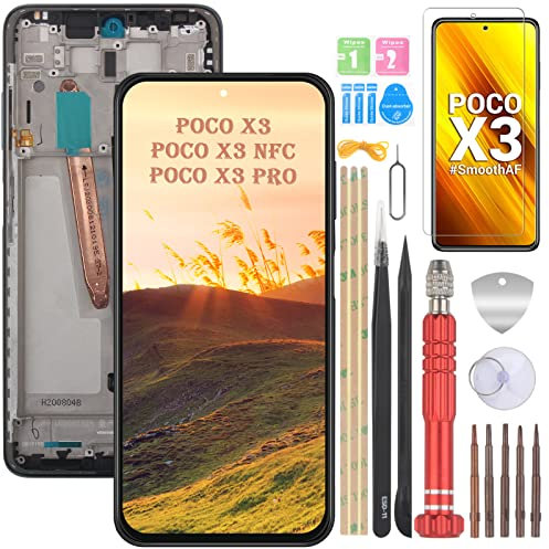 YHX-OU Para Xiaomi Poco X3 Poco X3 NFC Poco X3 Pro Pantalla Reemplazo Pantalla Táctil LCD Digitalizador de Repuesto Asamblea con Herramientas de Reparación + Película Templada (Negro con Marco)