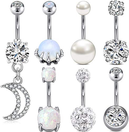 Crdifu 7er Silber Bauchnabelpiercing 10mm Set Chirurgenstahl 14G Bauchpiercing mit Anhänger Opal Perle Stein