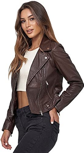 Tazzio Lederjacke Damen Echtleder Jacke im Biker Look mit coolen Zipper-Details & Reverskragen F507 (L, Braun)
