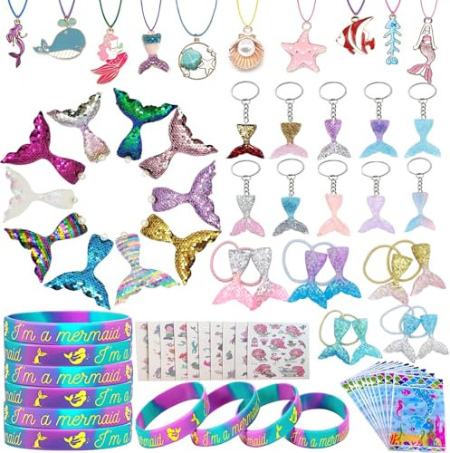 70 Pezzi Sirena Gadget Compleanno Bambina,Sirena Festa Compleanno Regalo Bracciale,Portachiavi,Collana, Mollette Capelli, Tatuaggi Temporanei,Sirena Regalini Festa Compleanno per Ragazza Bambina