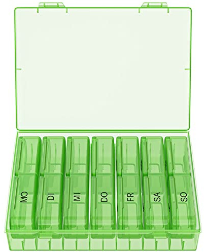 WELLGRO Tablettenbox für 7 Tage - Pillendose je 2 Fächer pro Tag - Klappdeckel mit Druckverschluss - Aufbewahrungsbox - BPA-freier Kunststoff, Farbe:Grün