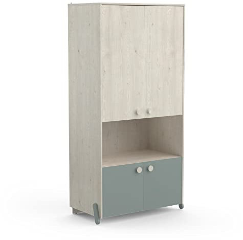 habeig Kleiderschrank Kinderschrank 4 Türen 180x90 cm in Blau-grün/Eiche Schrank Kinderzimmer