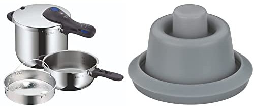 WMF Perfect Plus - Set con Olla Rápida 22 cm de diámetro de 6 litros y medio + cuerpo 3 litros con cestillo de vapor, Acero Inoxidable Pulido para inducción & Junta indicador cocción, silicona