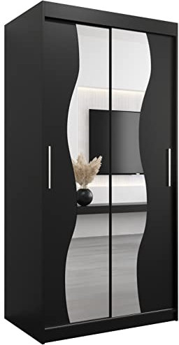 KRYSPOL Schwebetürenschrank Madryt 100 cm mit Spiegel Kleiderschrank mit Kleiderstange und Einlegeboden Schlafzimmer- Wohnzimmerschrank Schiebetüren Modern Design (Schwarz)