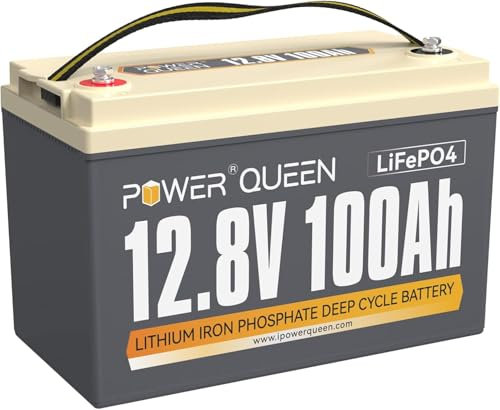 Power Queen LiFePO4 batteria al litio da 100Ah 12V, potenza di carico 1280 Wh, BMS 100A, Batteria da 4000-15000 cicli e durata di 10 anni, per camper, impianto solare, barca