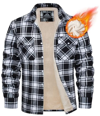 MAGCOMSEN Herren Kariert Winterjacke Gefüttert Flanellhemd Jacke Dick Plaid Freizeithemd Männer Baumwolle Arbeit Hemd Outdoor Fleece Hemdjacke mit Innenfutter Schwarz L