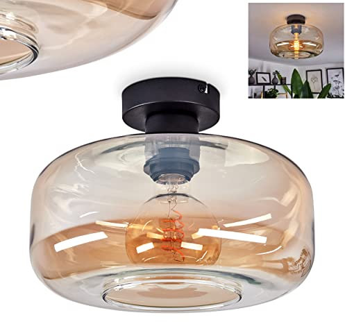 HOFSTEIN Deckenleuchte Pedreles, moderne Deckenlampe aus Metall/Glas in Schwarz/Bernsteinfarben, 1-flammige Leuchte im Retro/Vintage-Design mit Schirm aus Glas (Ø 27,5 cm), 1 x E27, ohne Leuchtmittel