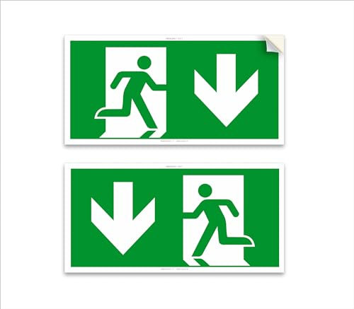 Cartelli adesivi uscita di emergenza, mis. 30x15 cm, con frecce in basso, indicazione uscite di sicurezza, in vinile, Impermeabili, anti UV, segnaletica sicurezza iso 7010