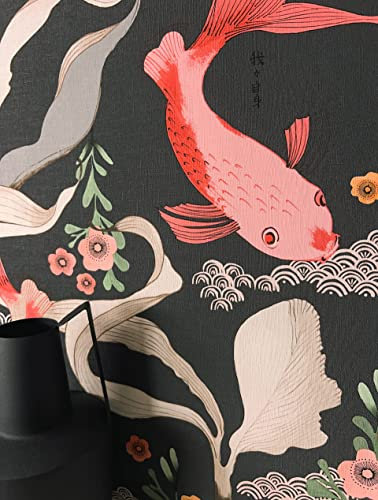 Newroom Tapete Schwarz Vliestapete Fische - Mustertapete Asiatisch Korallenrot Creme Karpfen Asiatisch Fische Exotisch Karpfen Asiatisch inkl. Tapezier-Ratgeber