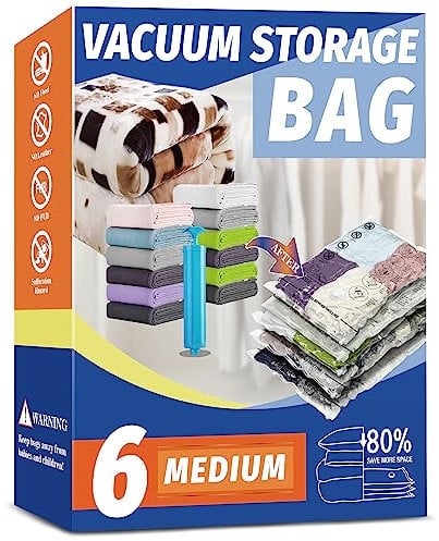 Vacuum Storage Bags, Space Saver Bags, Vacuum Sealer Bags for Comforters and Blankets, Compression Storage Bags for Clothes Storage, Hand Pump Included (6 Medium)