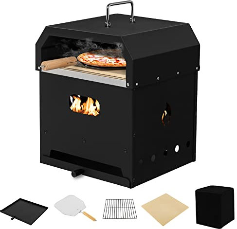ORALNER Horno de pizza al aire libre, horno de pizza 4 en 1 de leña y parrilla combinado con piedra de pizza de 12 pulgadas, pala de pizza, cubierta impermeable y rejilla de parrilla, hoguera portátil