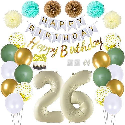 Daimay 26 Geburtstag Deko Frauen Mann Grün Beige Geburtstag Luftballon Dekoration Gold Weiß Party Deco Happy Birthday Girlande 26 Jahr Geburtstagdeko Ballons Pompons Konfetti Luftballons Tortenaufsatz