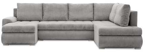 Mebligo - Ecksofa mit Schlaffunktion und Bettkasten Tokio II PRO, 300 cm Breit, Wohnzimmer Eckcouch Ottomane Rechts, Sofa Cord mit Bettfunktion - Sofa Hellgrau (Poso 055)